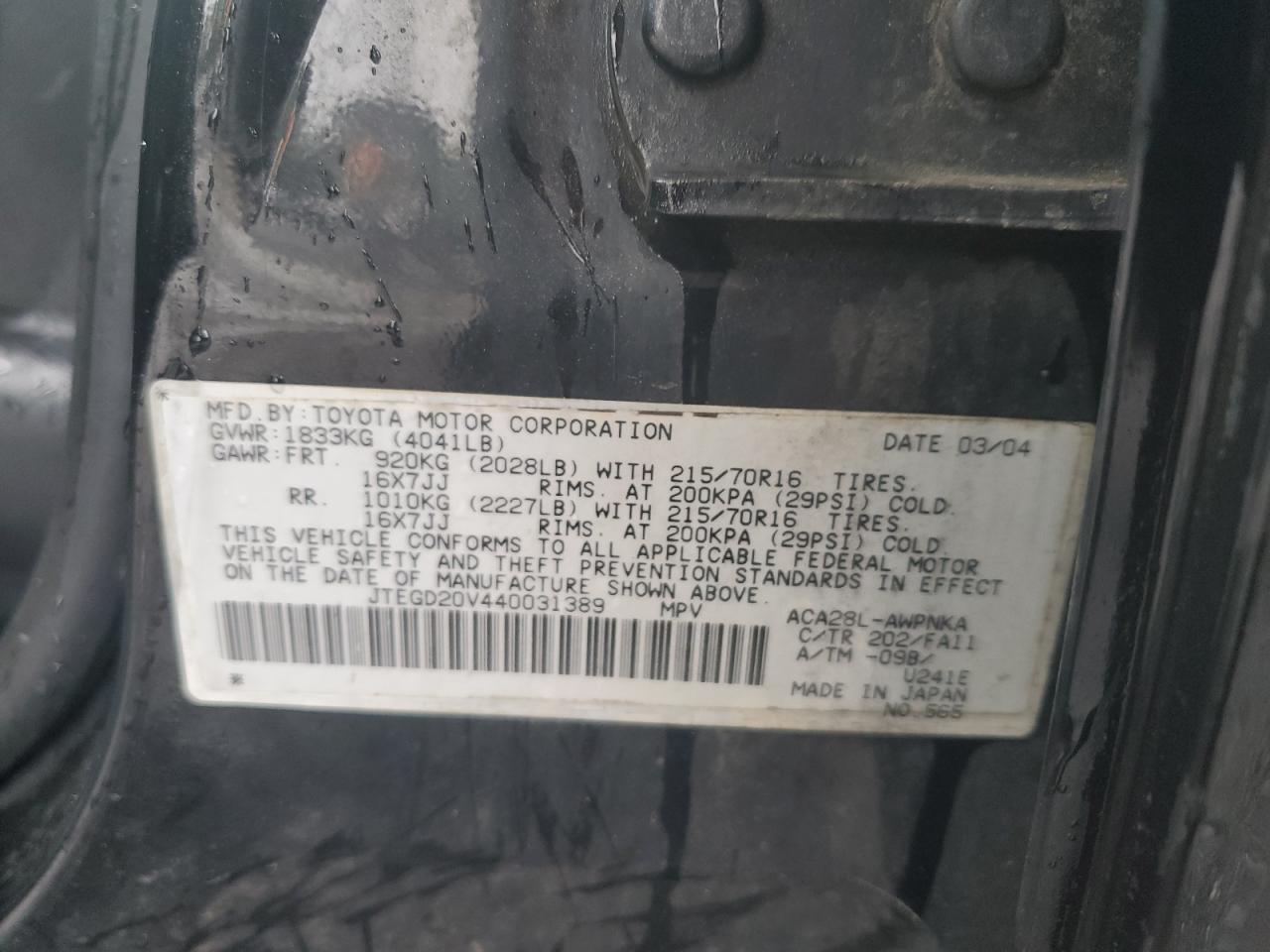 2004 Toyota Rav4 VIN: JTEGD20V440031389 Lot: 64016294