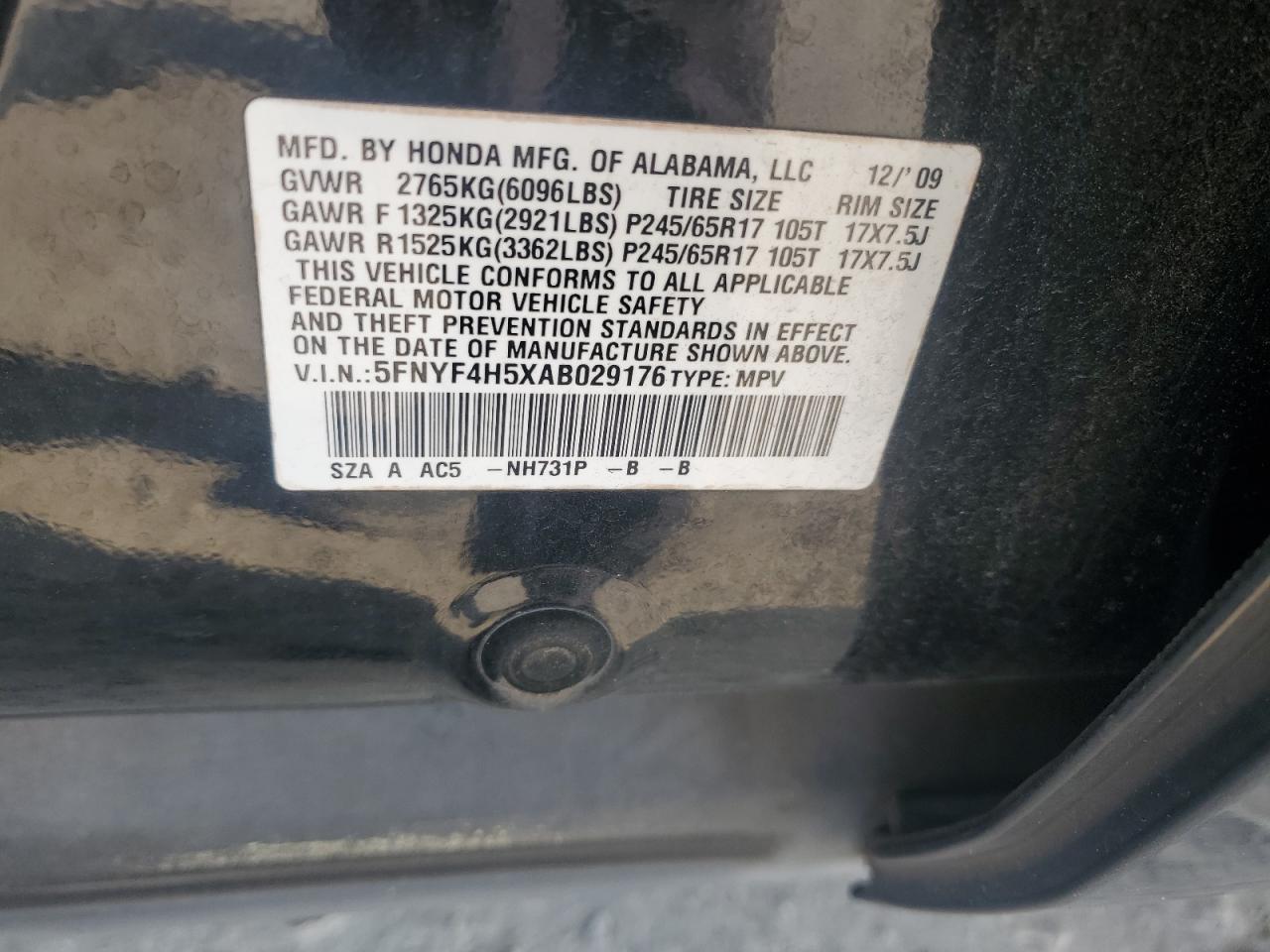 2010 Honda Pilot Exl VIN: 5FNYF4H5XAB029176 Lot: 63171254