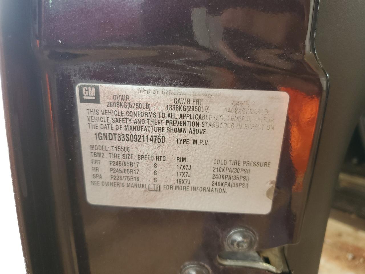 2009 Chevrolet Trailblazer Lt VIN: 1GNDT33S092114760 Lot: 64651354