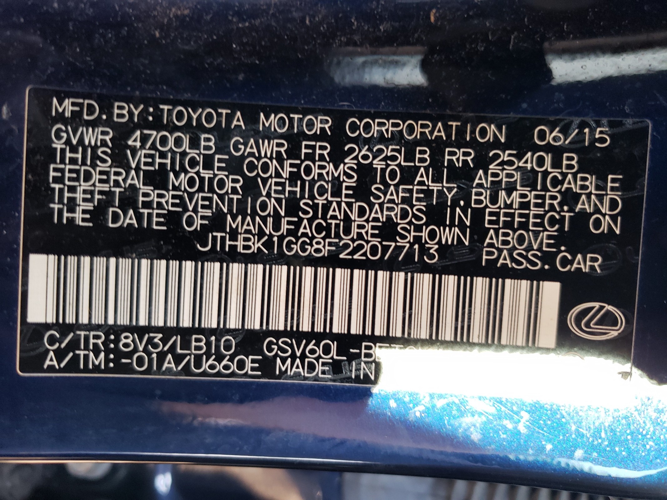 JTHBK1GG8F2207713 2015 Lexus Es 350