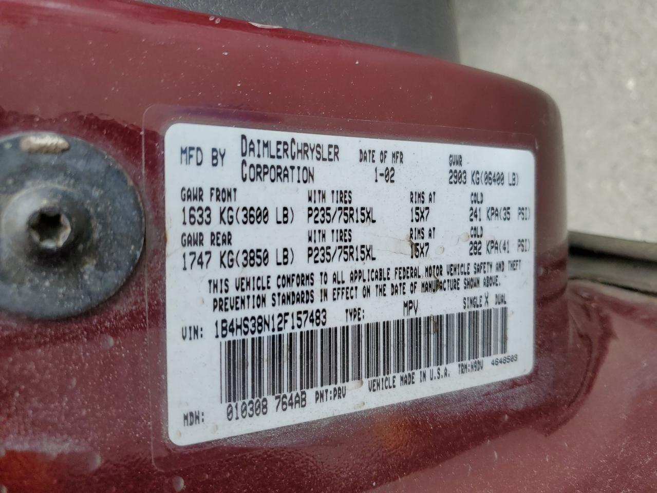 2002 Dodge Durango Sport VIN: 1B4HS38N12F157483 Lot: 64549724