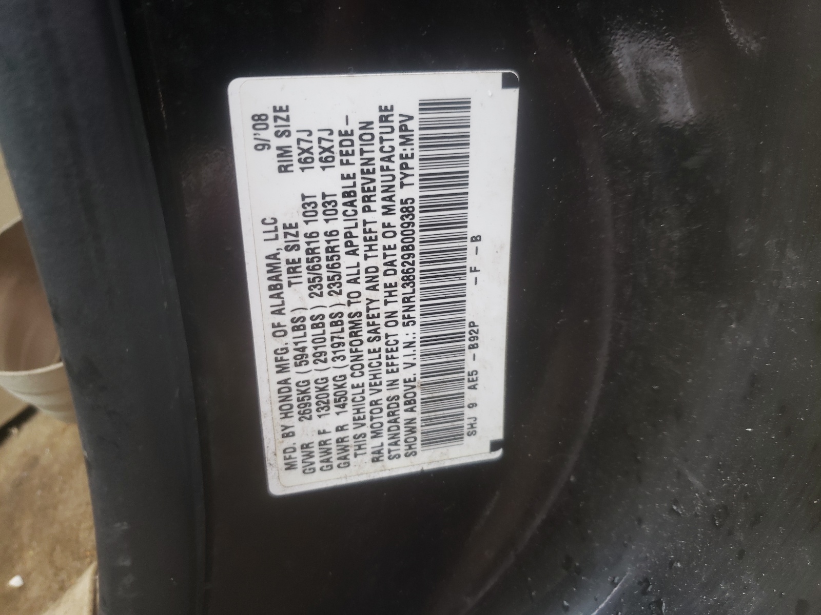 5FNRL38629B009385 2009 Honda Odyssey Exl