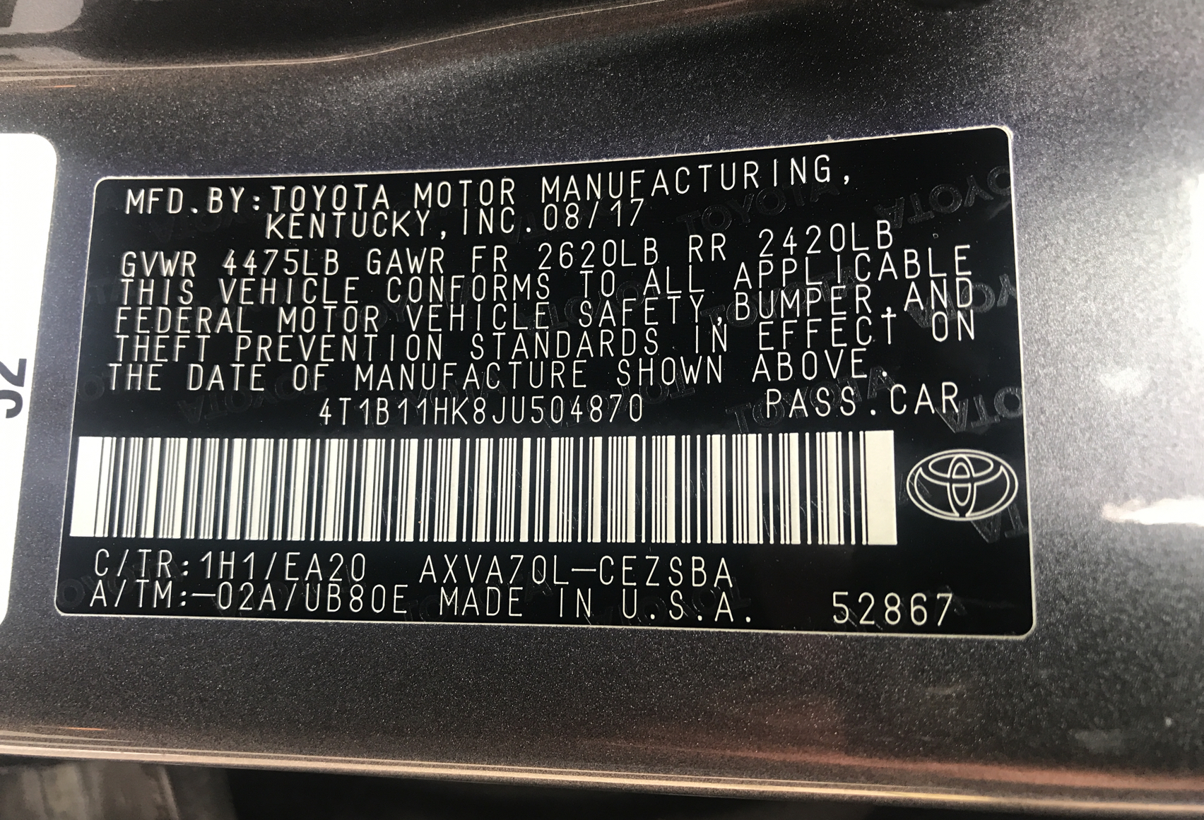 2018 Toyota Camry L vin: 4T1B11HK8JU504870