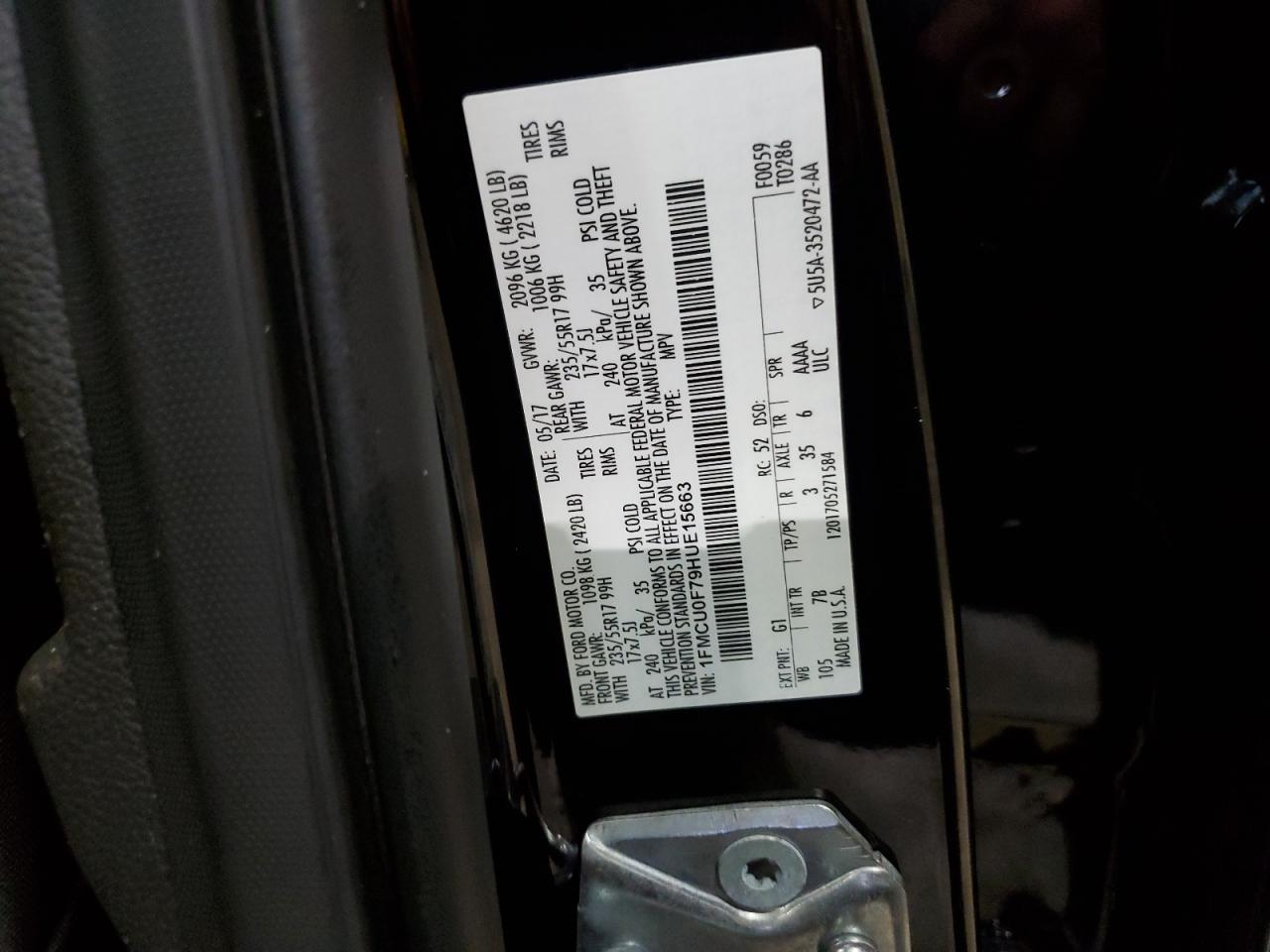 2017 Ford Escape S VIN: 1FMCU0F79HUE15663 Lot: 63187664