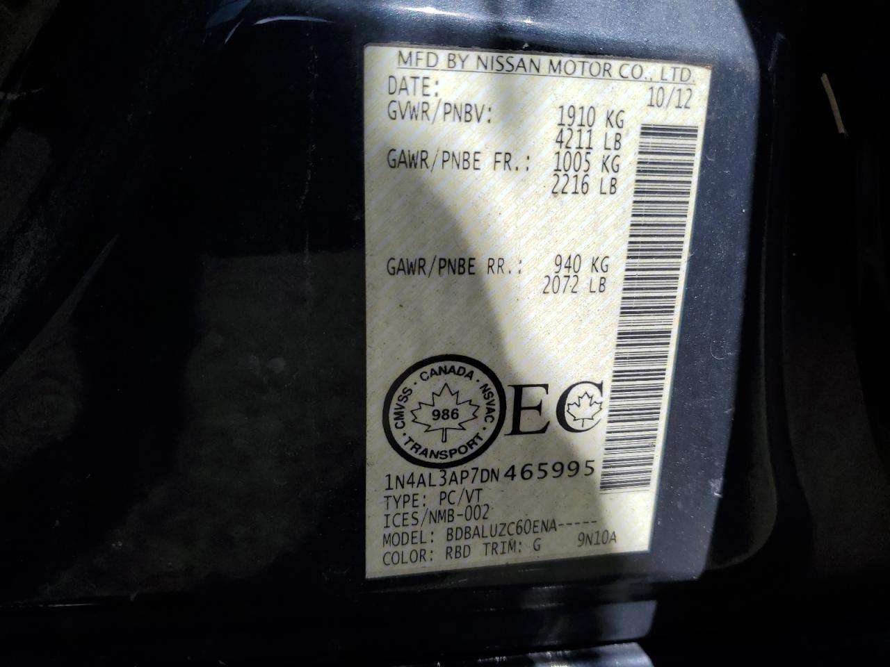 2013 Nissan Altima 2.5 VIN: 1N4AL3AP7DN465995 Lot: 63679394