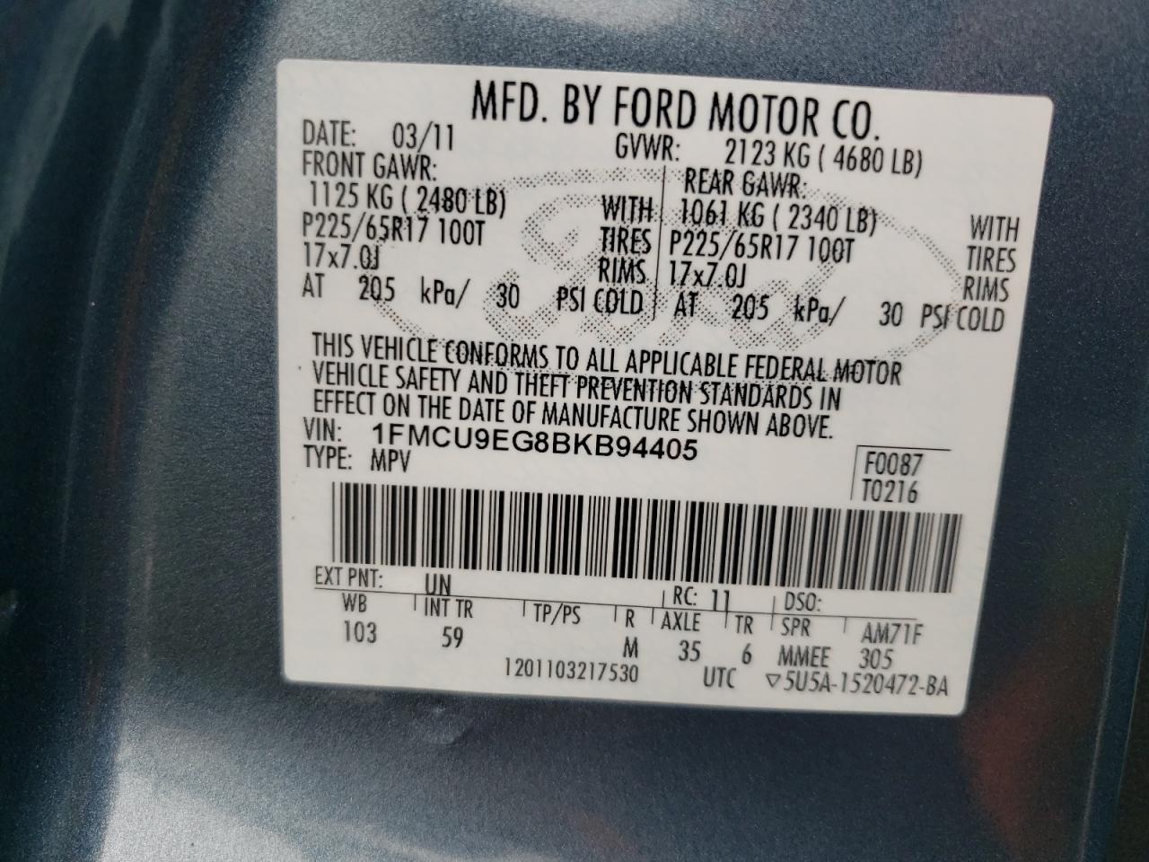 2011 Ford Escape Limited VIN: 1FMCU9EG8BKB94405 Lot: 63028684