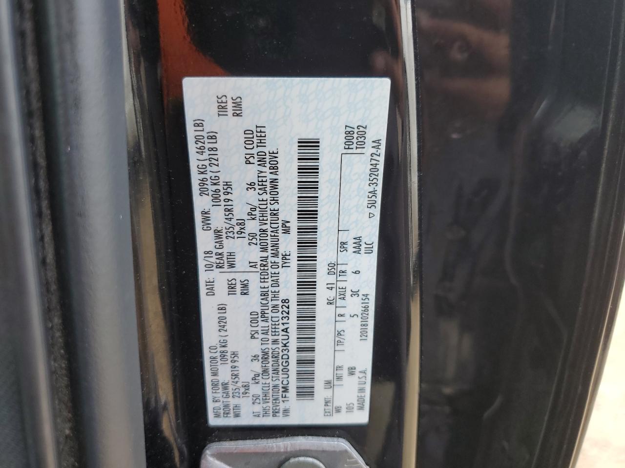 2019 Ford Escape Se VIN: 1FMCU0GD3KUA13228 Lot: 62275674