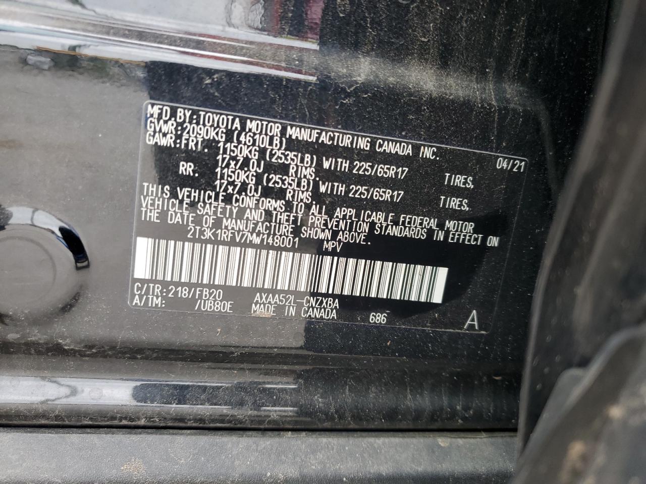 2021 Toyota Rav4 Le VIN: 2T3K1RFV7MW148001 Lot: 64063544