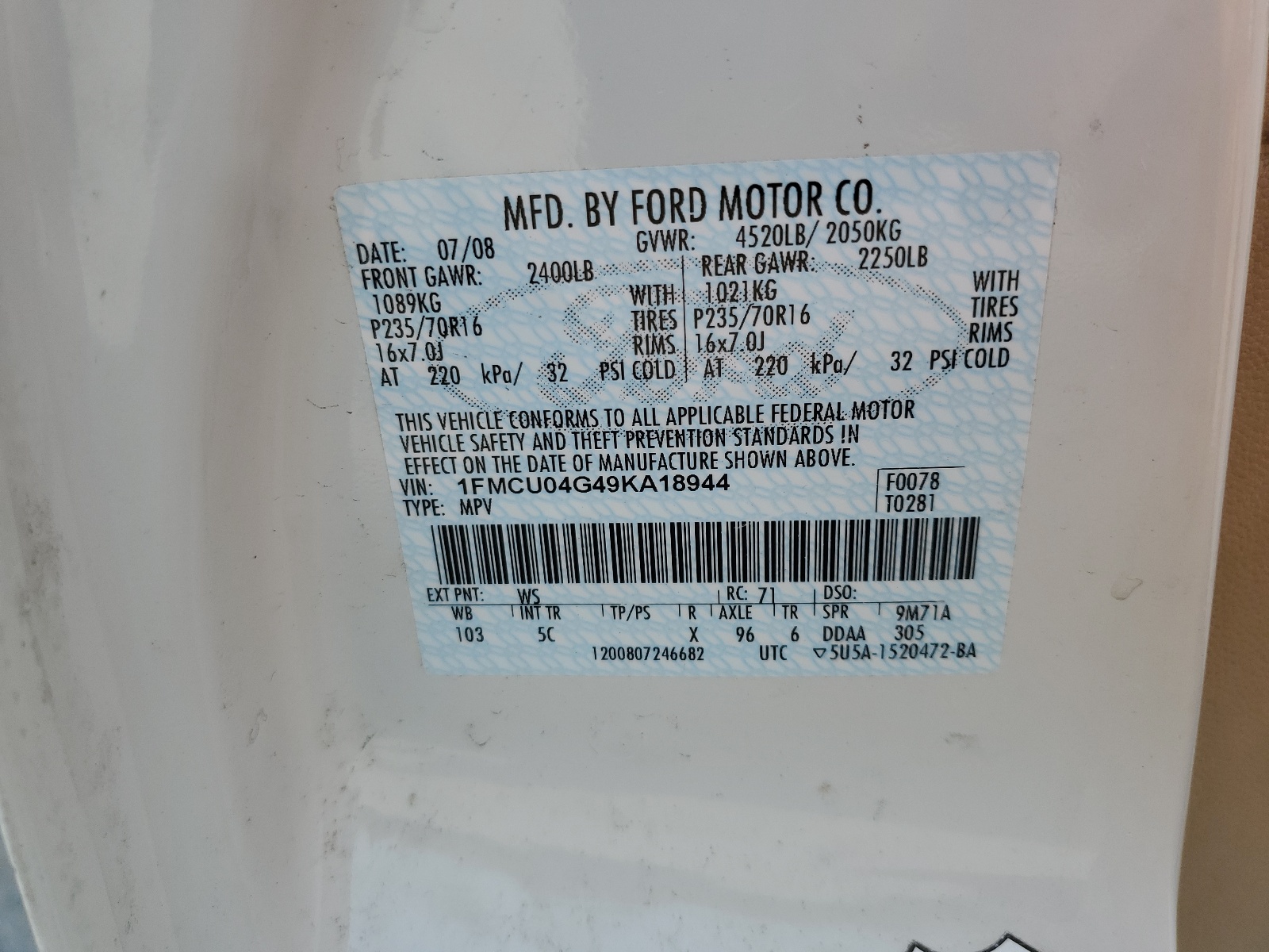 1FMCU04G49KA18944 2009 Ford Escape Limited