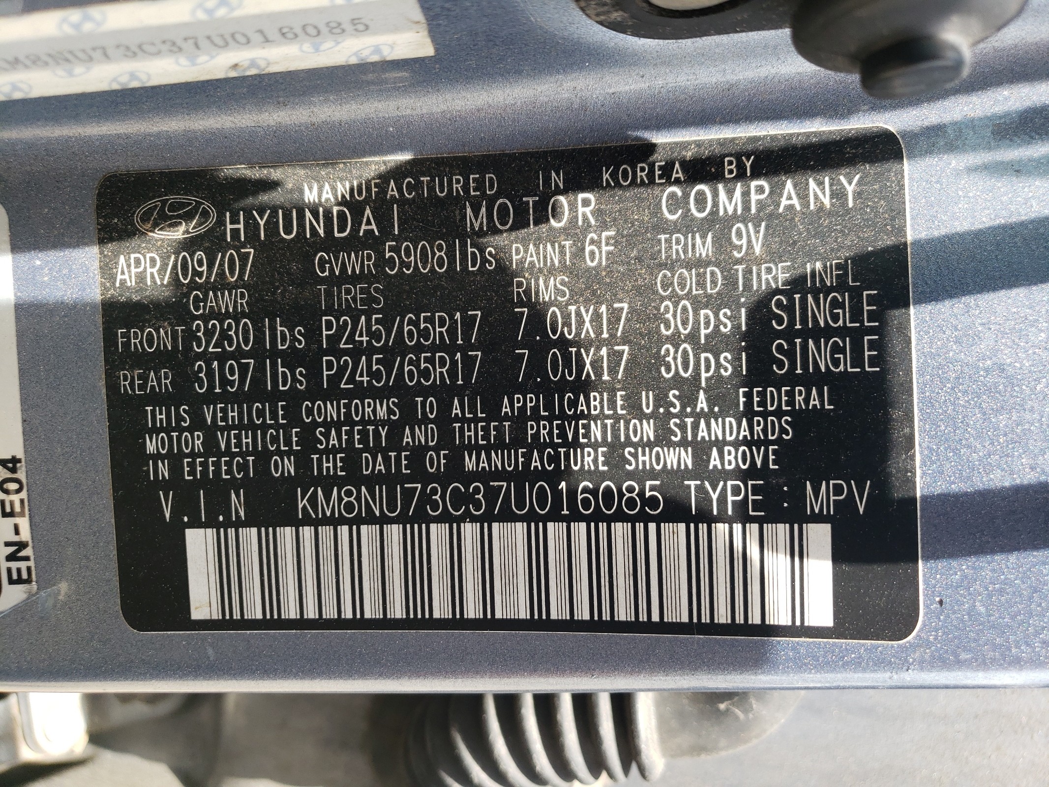 KM8NU73C37U016085 2007 Hyundai Veracruz Gls