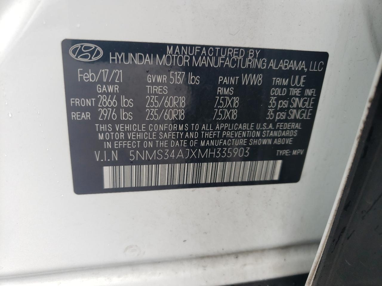 2021 Hyundai Santa Fe Sel VIN: 5NMS34AJXMH335903 Lot: 64741034