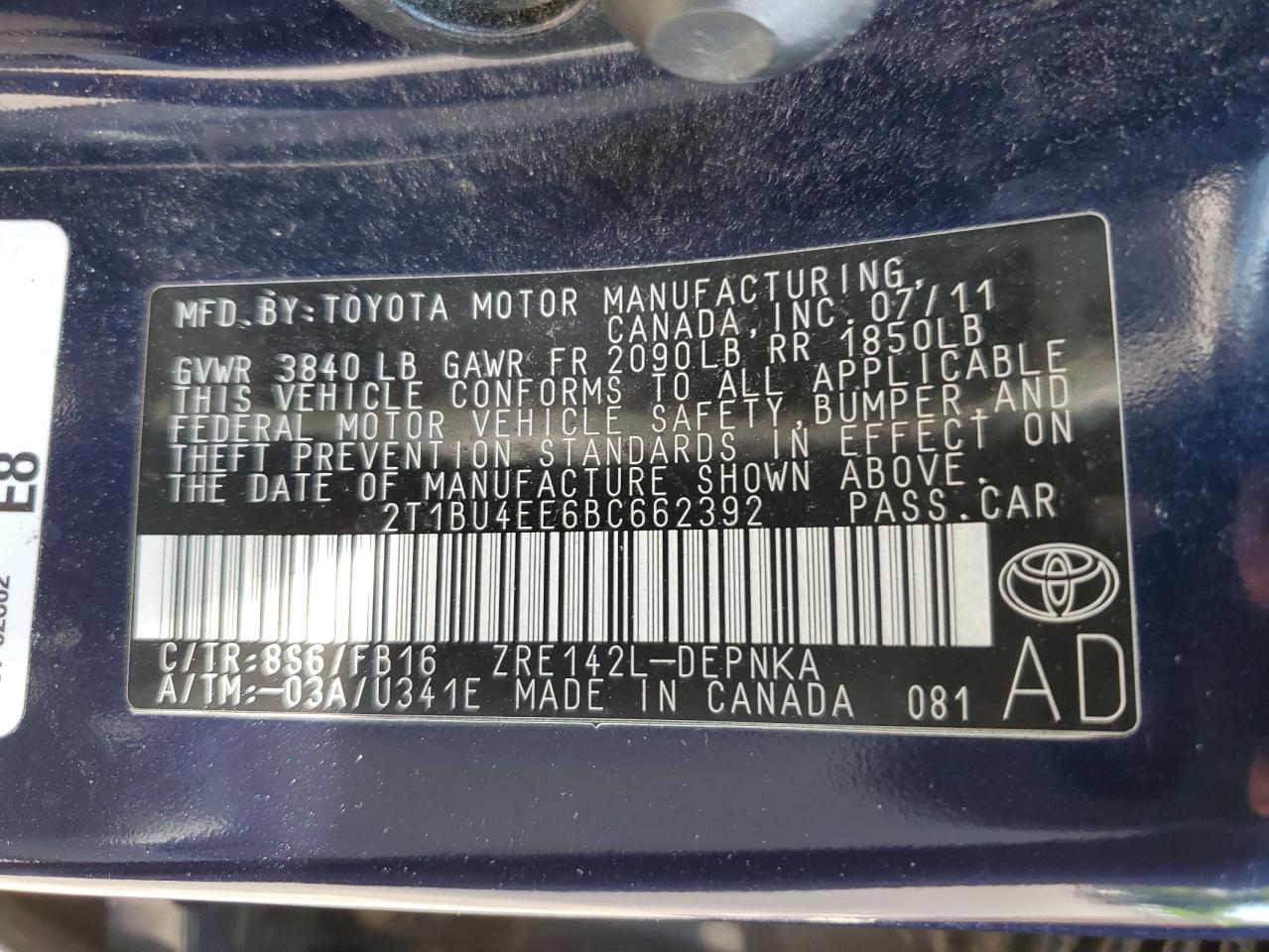 2T1BU4EE6BC662392 2011 Toyota Corolla Base