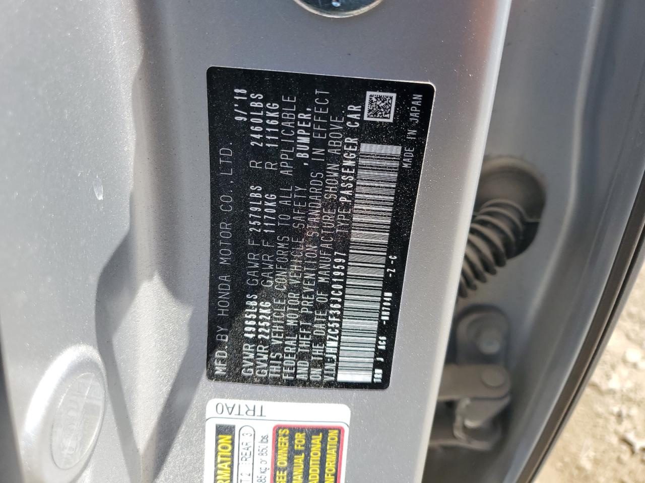 2018 Honda Clarity Touring VIN: JHMZC5F36JC019597 Lot: 65053784