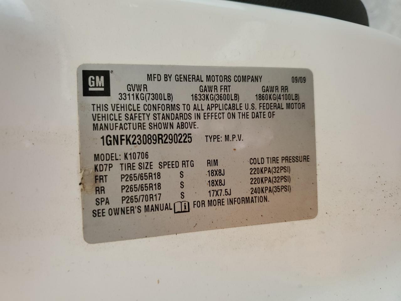 2009 Chevrolet Tahoe K1500 Lt VIN: 1GNFK23089R290225 Lot: 63958134