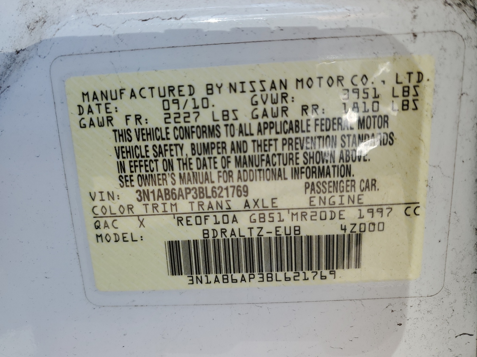 3N1AB6AP3BL621769 2011 Nissan Sentra 2.0