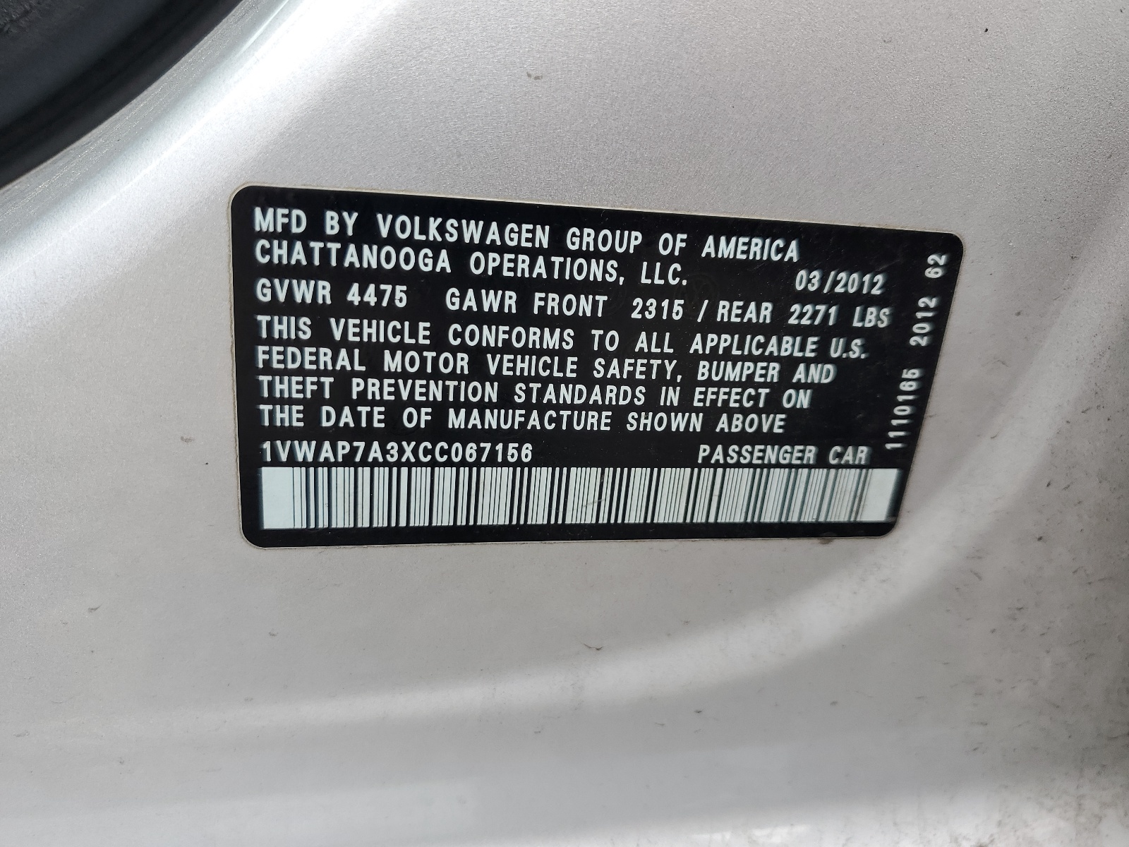 1VWAP7A3XCC067156 2012 Volkswagen Passat S