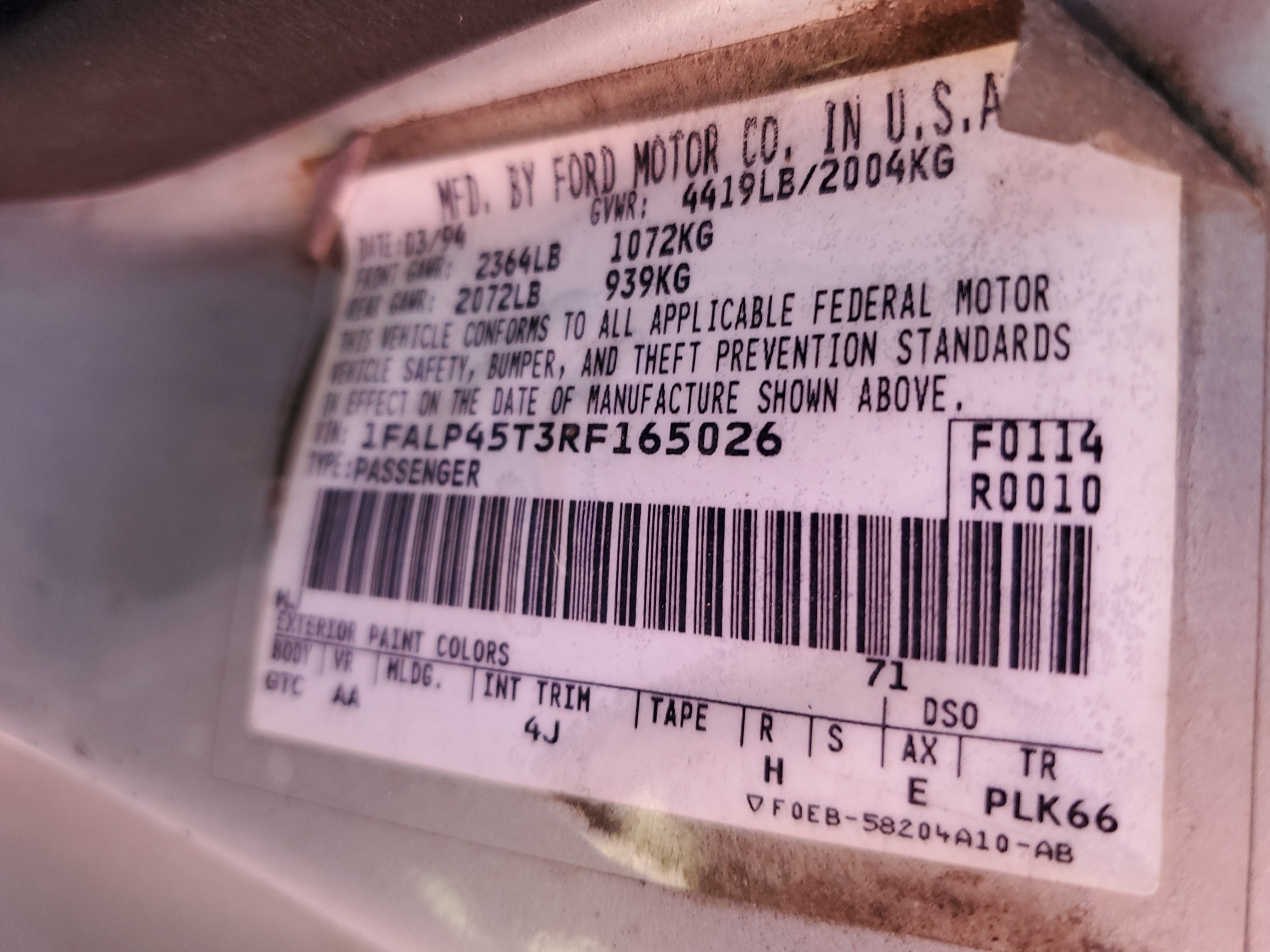 1FALP45T3RF165026 1994 Ford Mustang Gt