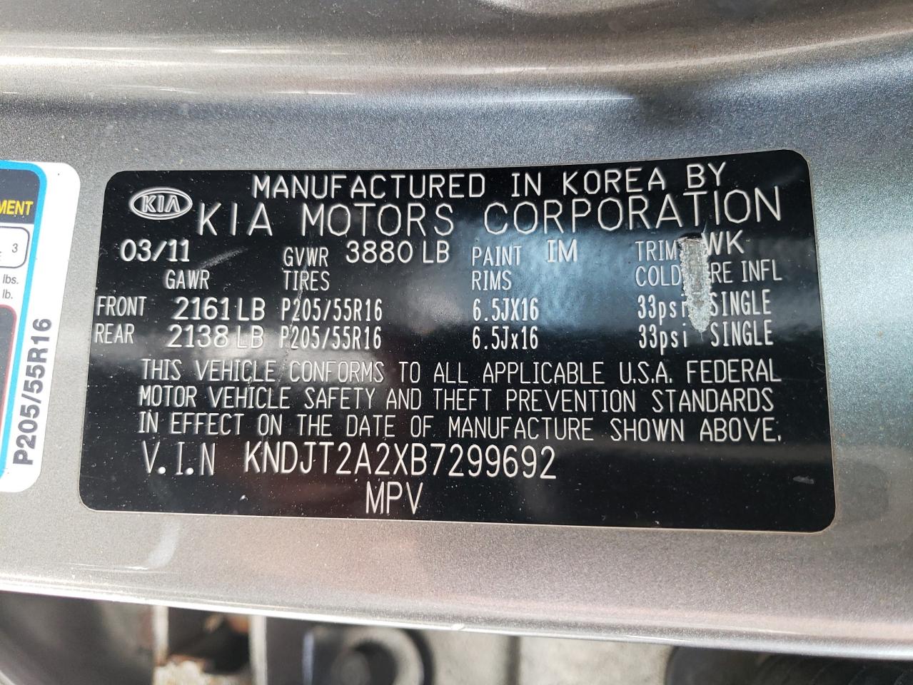 2011 Kia Soul + VIN: KNDJT2A2XB7299692 Lot: 63841794