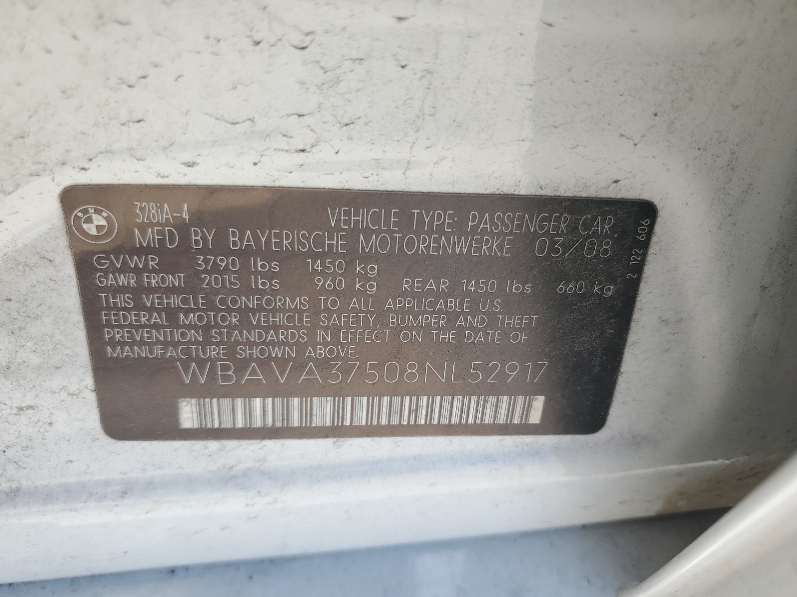 WBAVA37508NL52917 2008 BMW 328 I