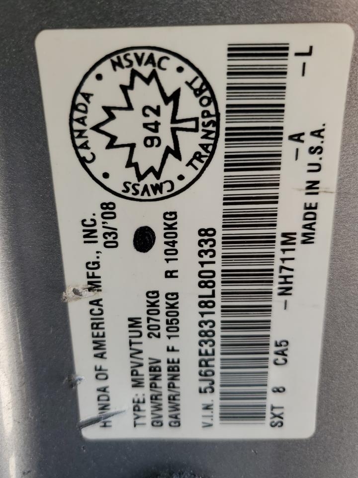 2008 Honda Cr-V Lx VIN: 5J6RE38318L801338 Lot: 64900224