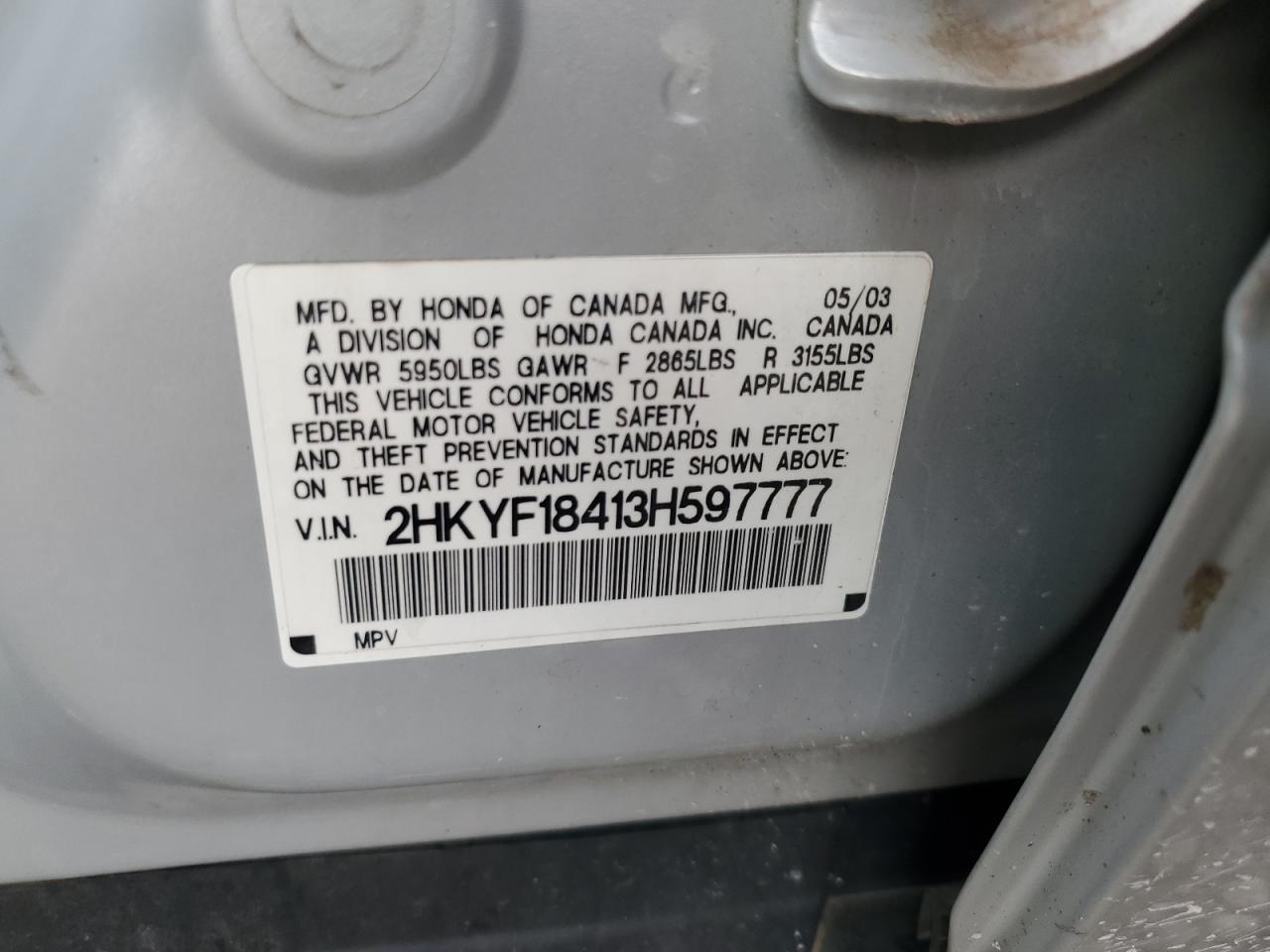 2003 Honda Pilot Ex VIN: 2HKYF18413H597777 Lot: 64952954