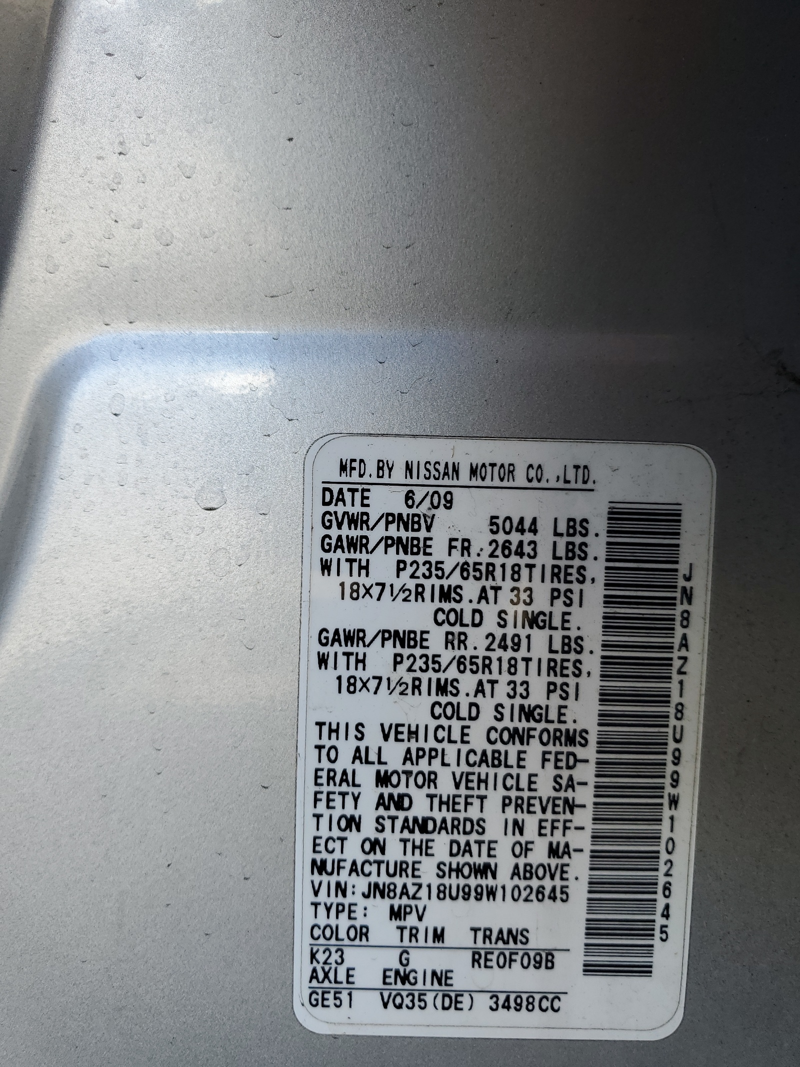 JN8AZ18U99W102645 2009 Nissan Murano S