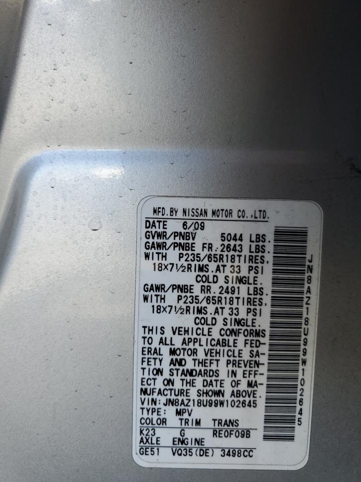 2009 Nissan Murano S VIN: JN8AZ18U99W102645 Lot: 63650714