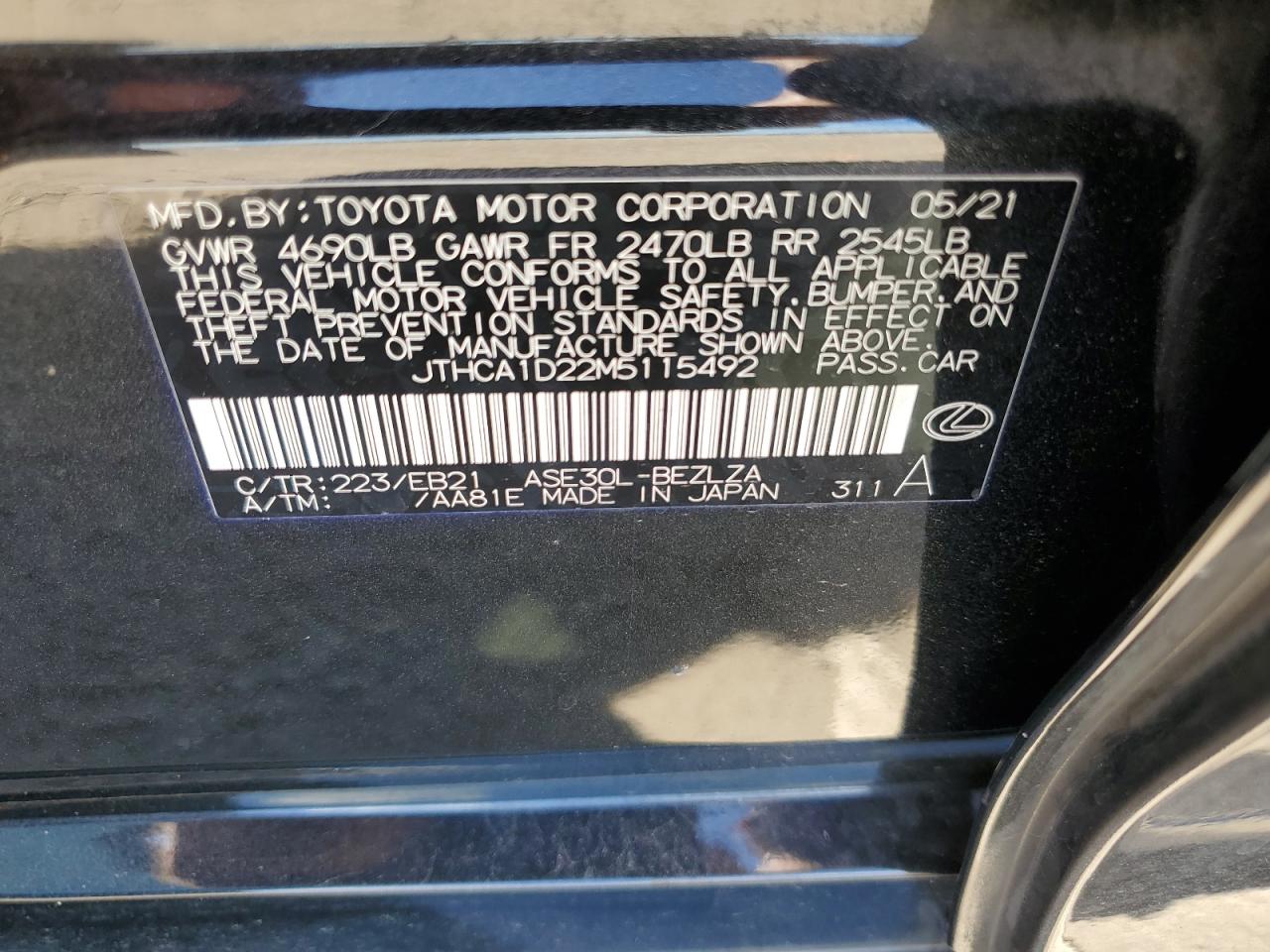 2021 Lexus Is 300 VIN: JTHCA1D22M5115492 Lot: 63479334