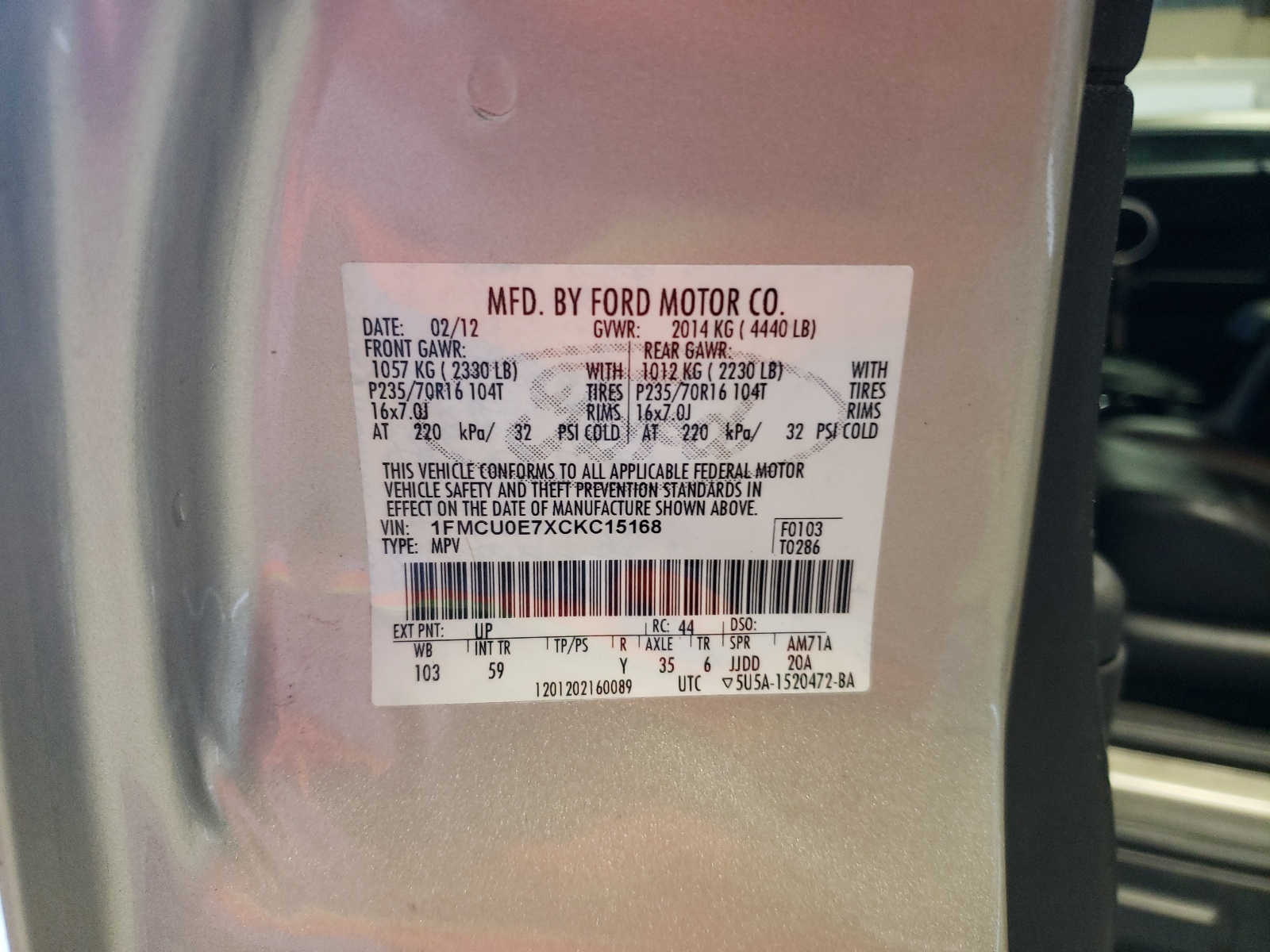 1FMCU0E7XCKC15168 2012 Ford Escape Limited