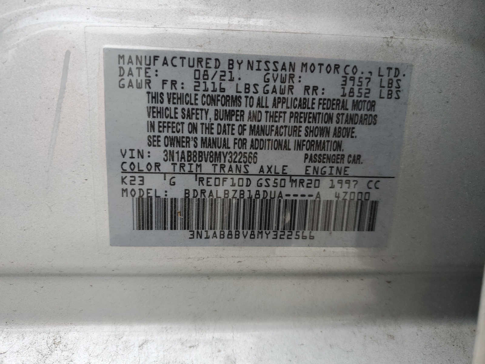 3N1AB8BV8MY322566 2021 Nissan Sentra S