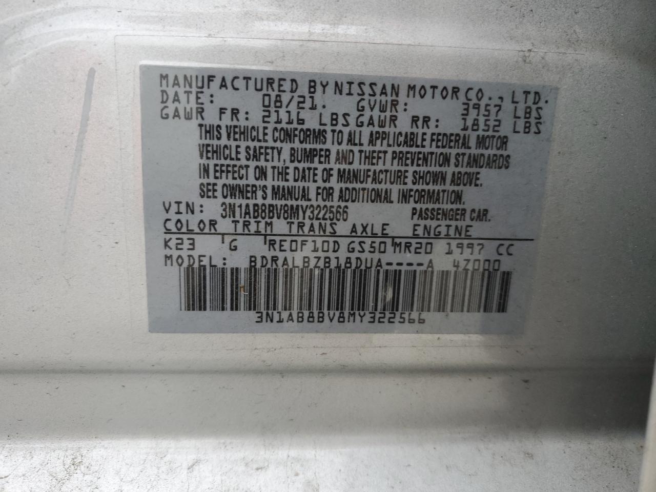 2021 Nissan Sentra S VIN: 3N1AB8BV8MY322566 Lot: 64370694