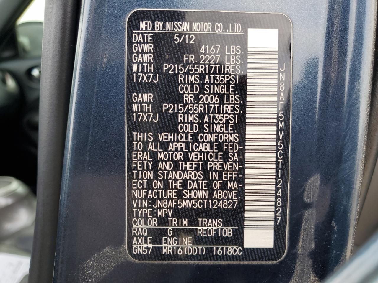 2012 Nissan Juke S VIN: JN8AF5MV5CT124827 Lot: 64354394