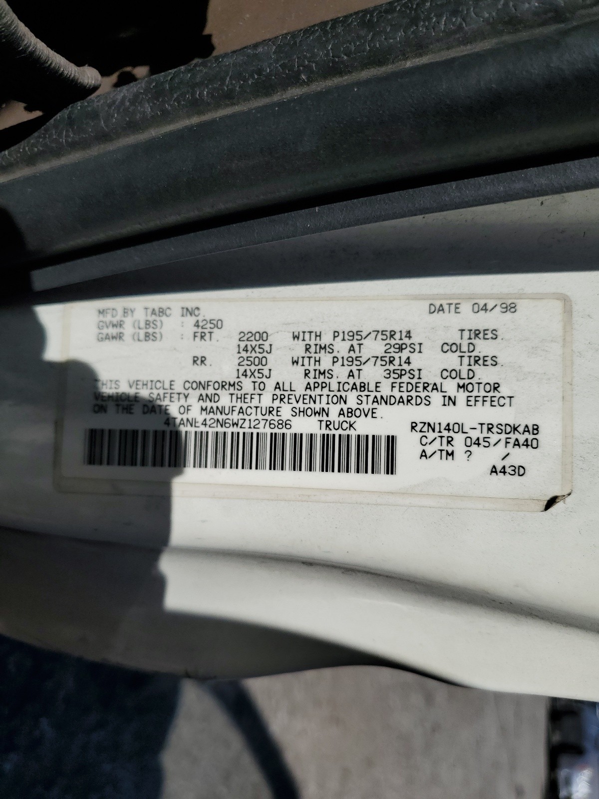 4TANL42N6WZ127686 1998 Toyota Tacoma