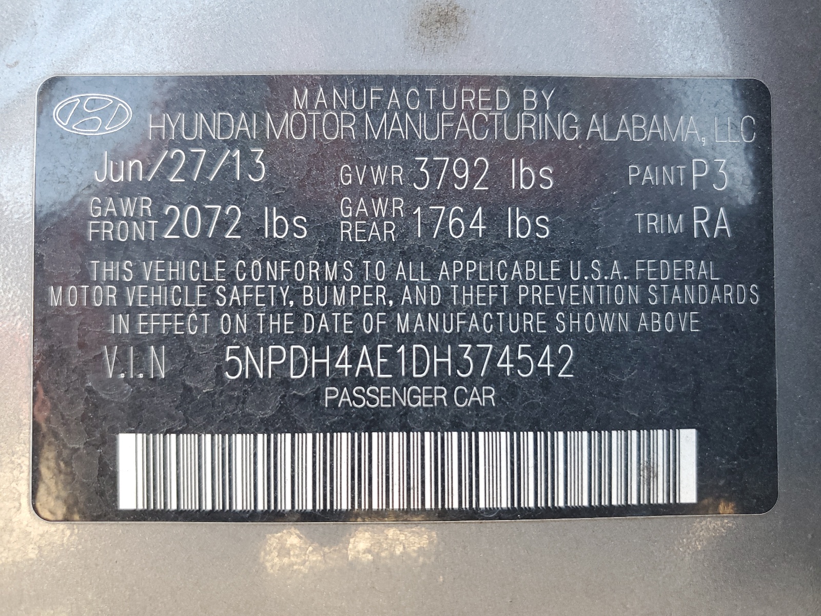 5NPDH4AE1DH374542 2013 Hyundai Elantra Gls