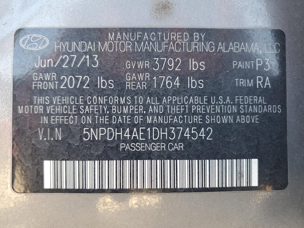 2013 Hyundai Elantra Gls VIN: 5NPDH4AE1DH374542 Lot: 63817434