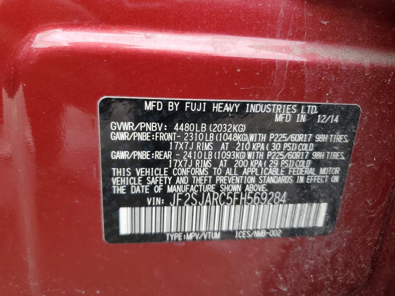 2015 Subaru Forester 2.5I Limited VIN: JF2SJARC5FH569284 Lot: 60235484