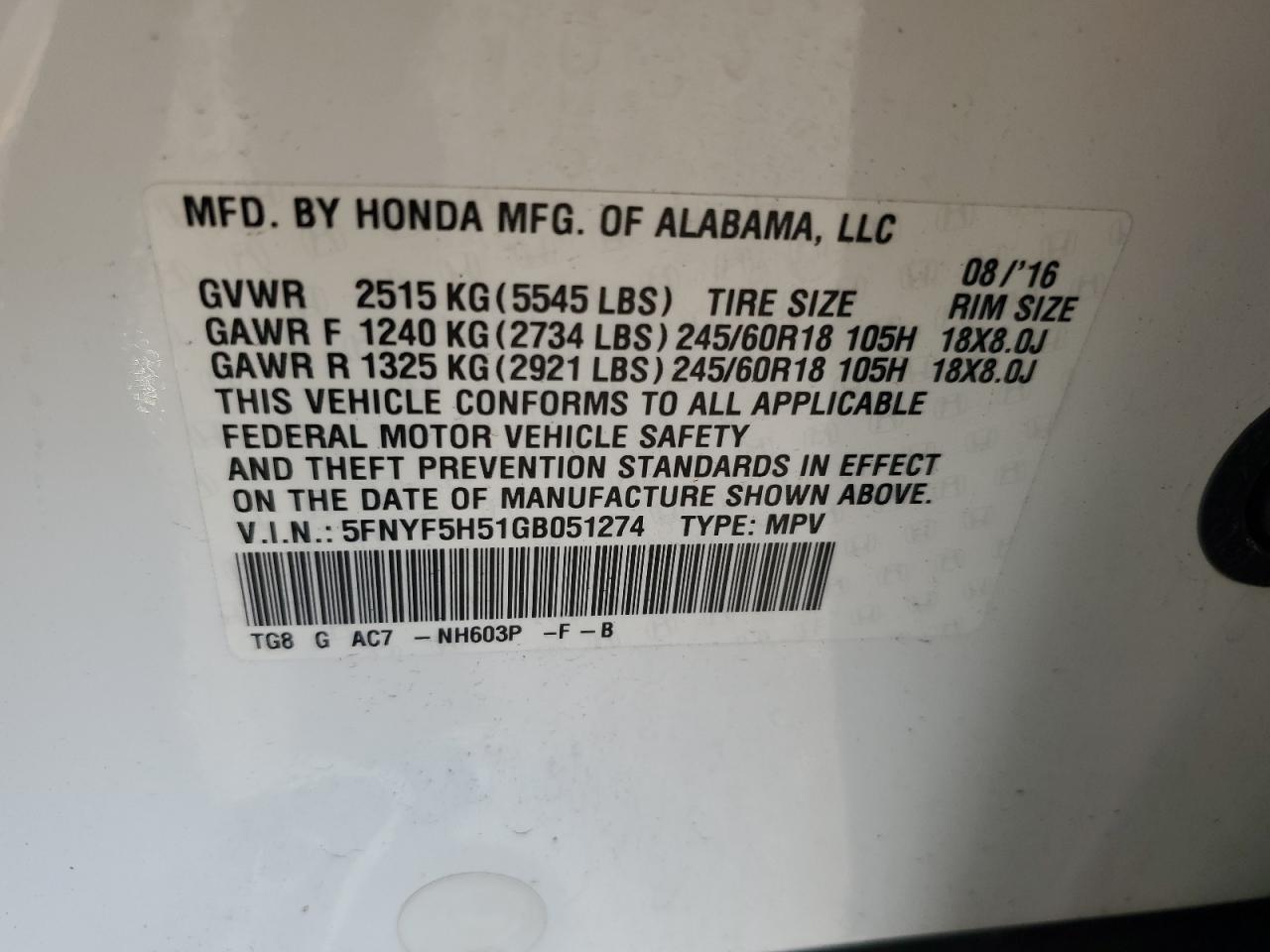 2016 Honda Pilot Exl VIN: 5FNYF5H51GB051274 Lot: 62762214