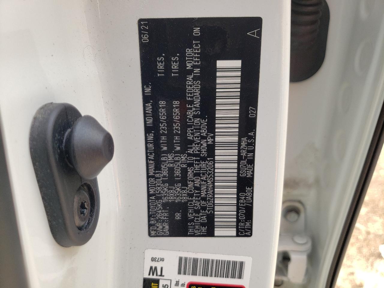 2021 Toyota Highlander Xle VIN: 5TDGZRAH4MS532061 Lot: 61127314