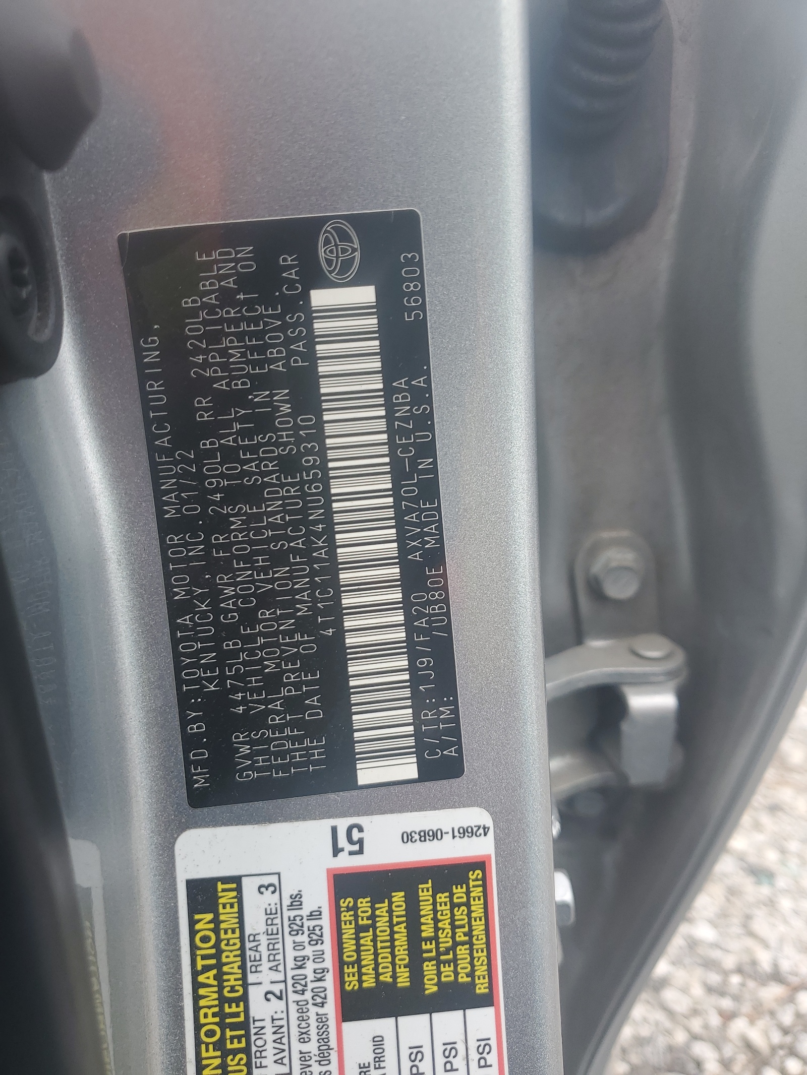 2022 Toyota Camry Le vin: 4T1C11AK4NU659310