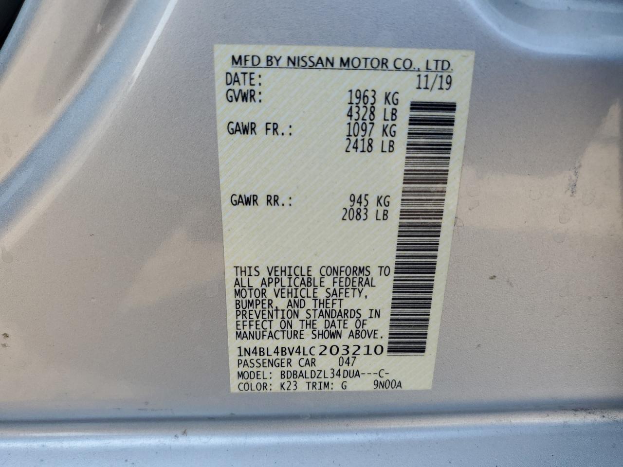 1N4BL4BV4LC203210 2020 Nissan Altima S