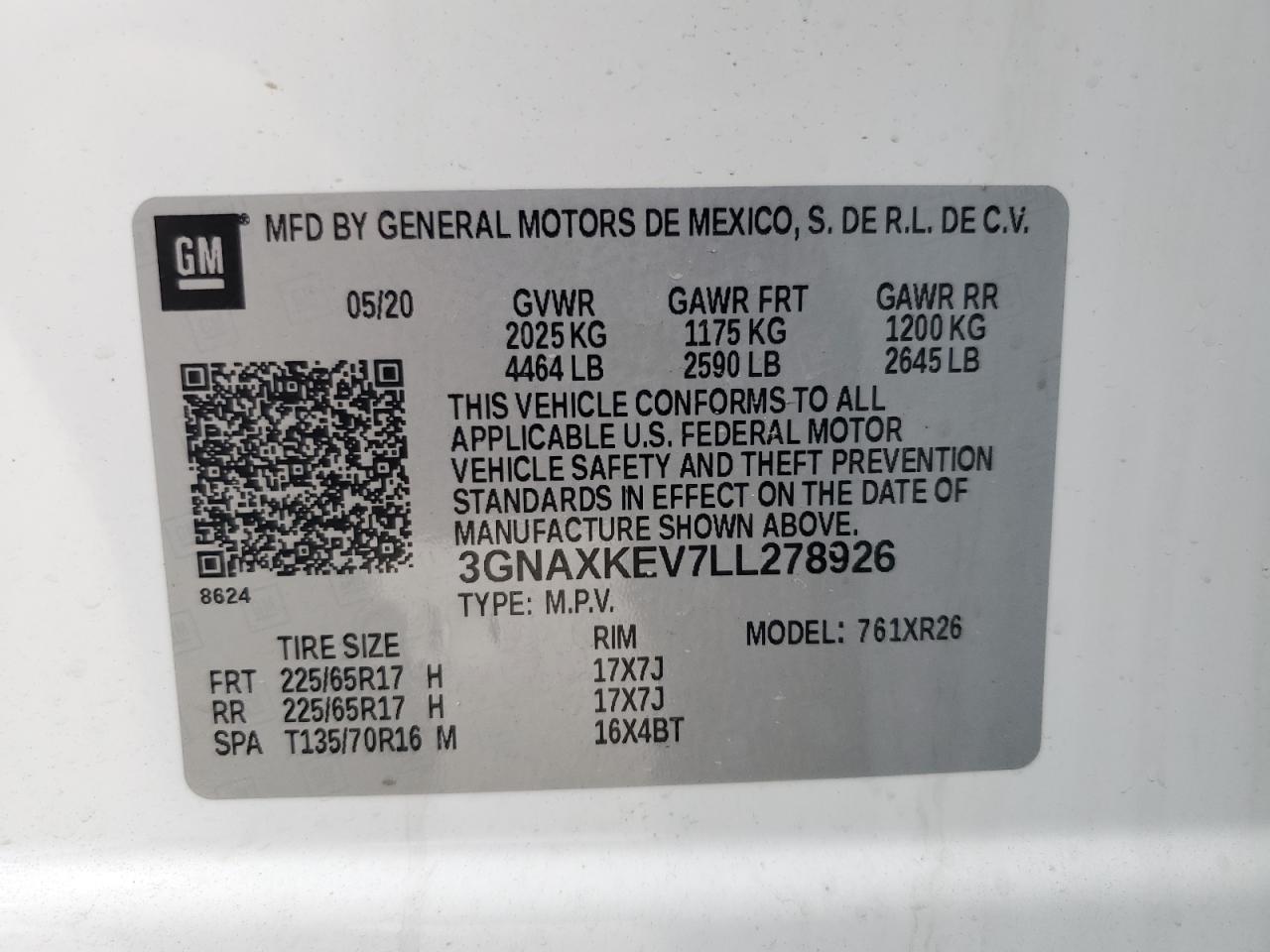 2020 Chevrolet Equinox Lt VIN: 3GNAXKEV7LL278926 Lot: 64474504