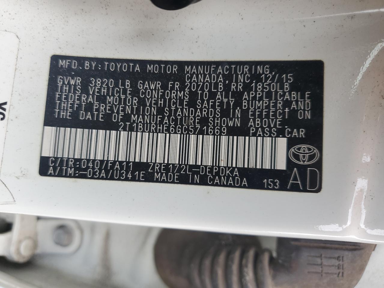 2016 Toyota Corolla L VIN: 2T1BURHE6GC571669 Lot: 63222134