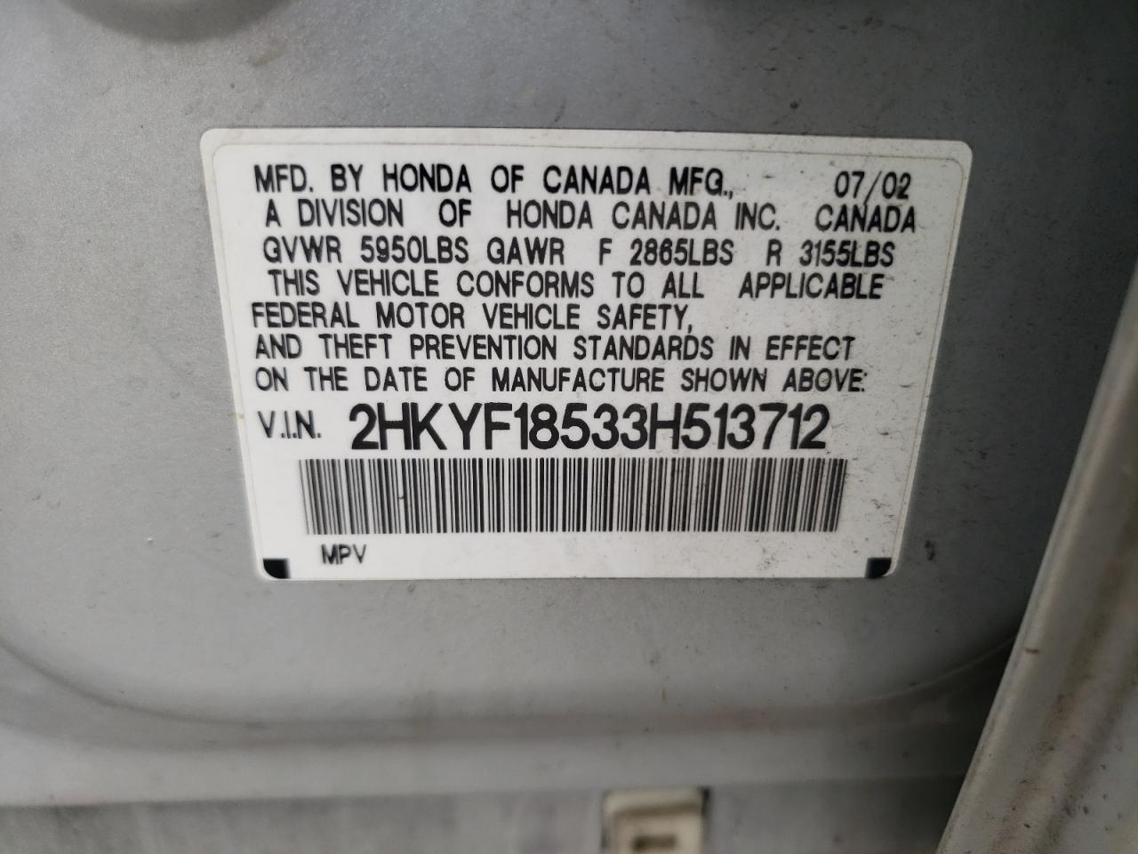 2003 Honda Pilot Exl VIN: 2HKYF18533H513712 Lot: 62769724