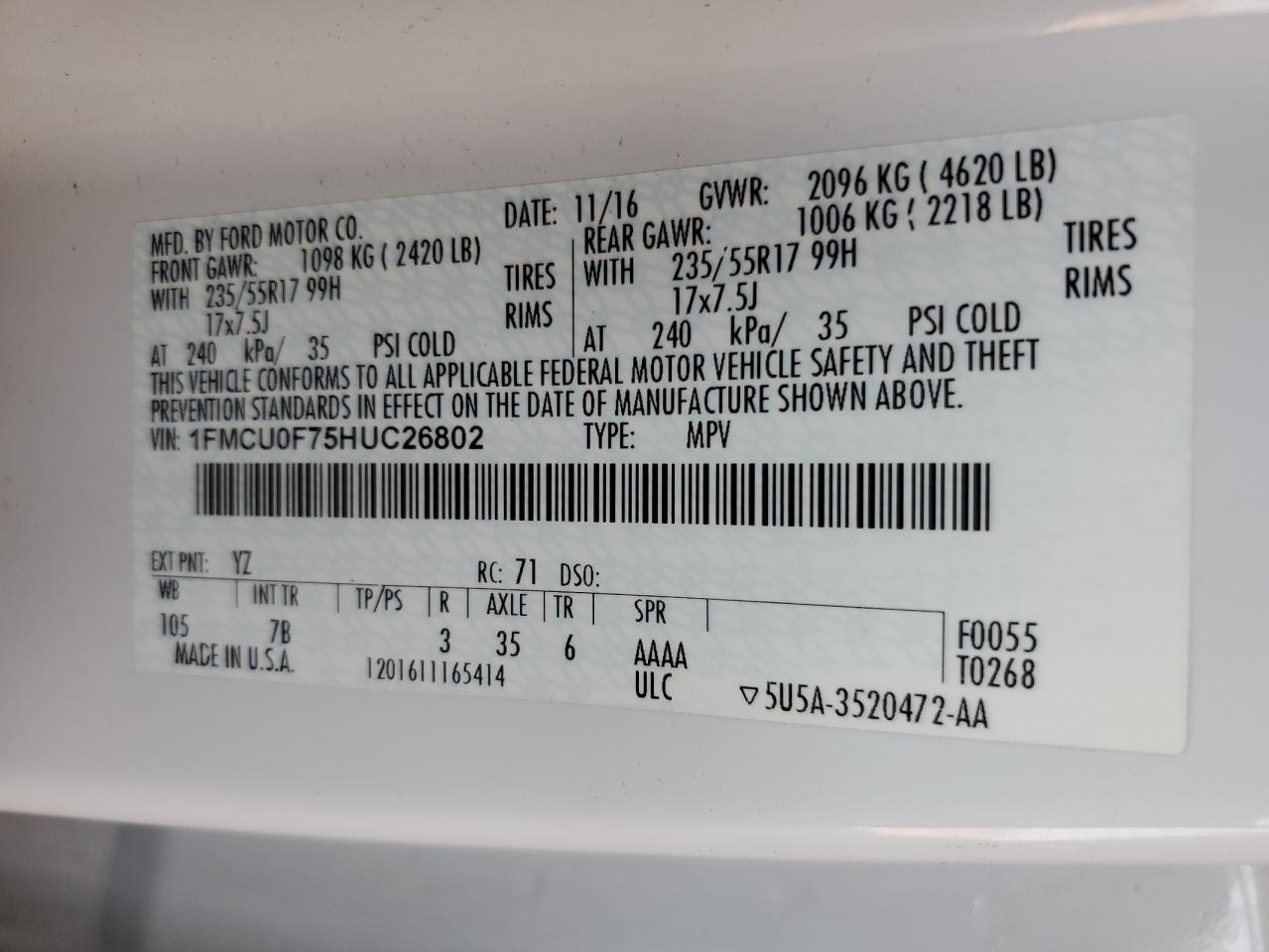 2017 Ford Escape S VIN: 1FMCU0F75HUC26802 Lot: 63729784