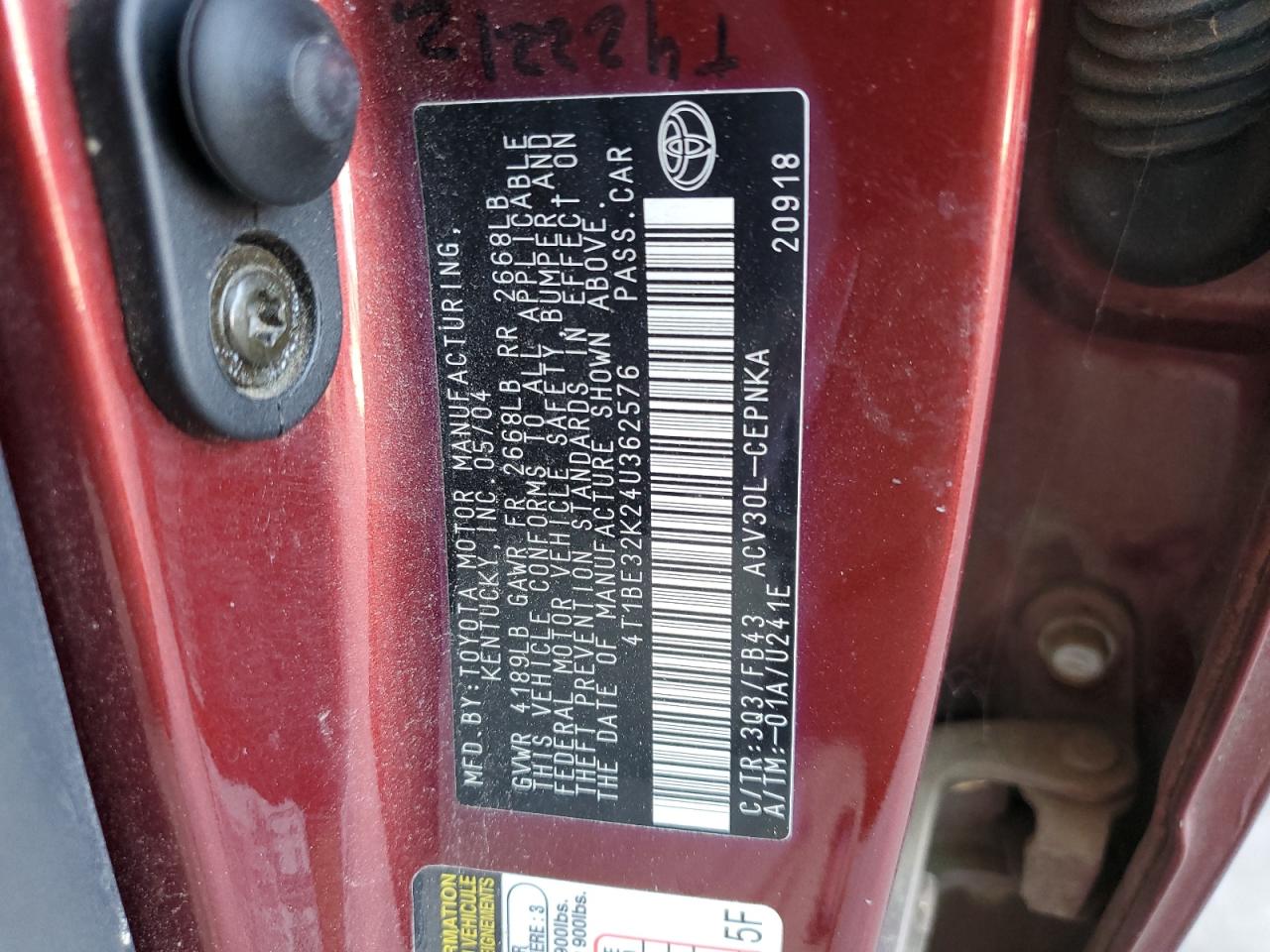 2004 Toyota Camry Le VIN: 4T1BE32K24U362576 Lot: 61694234