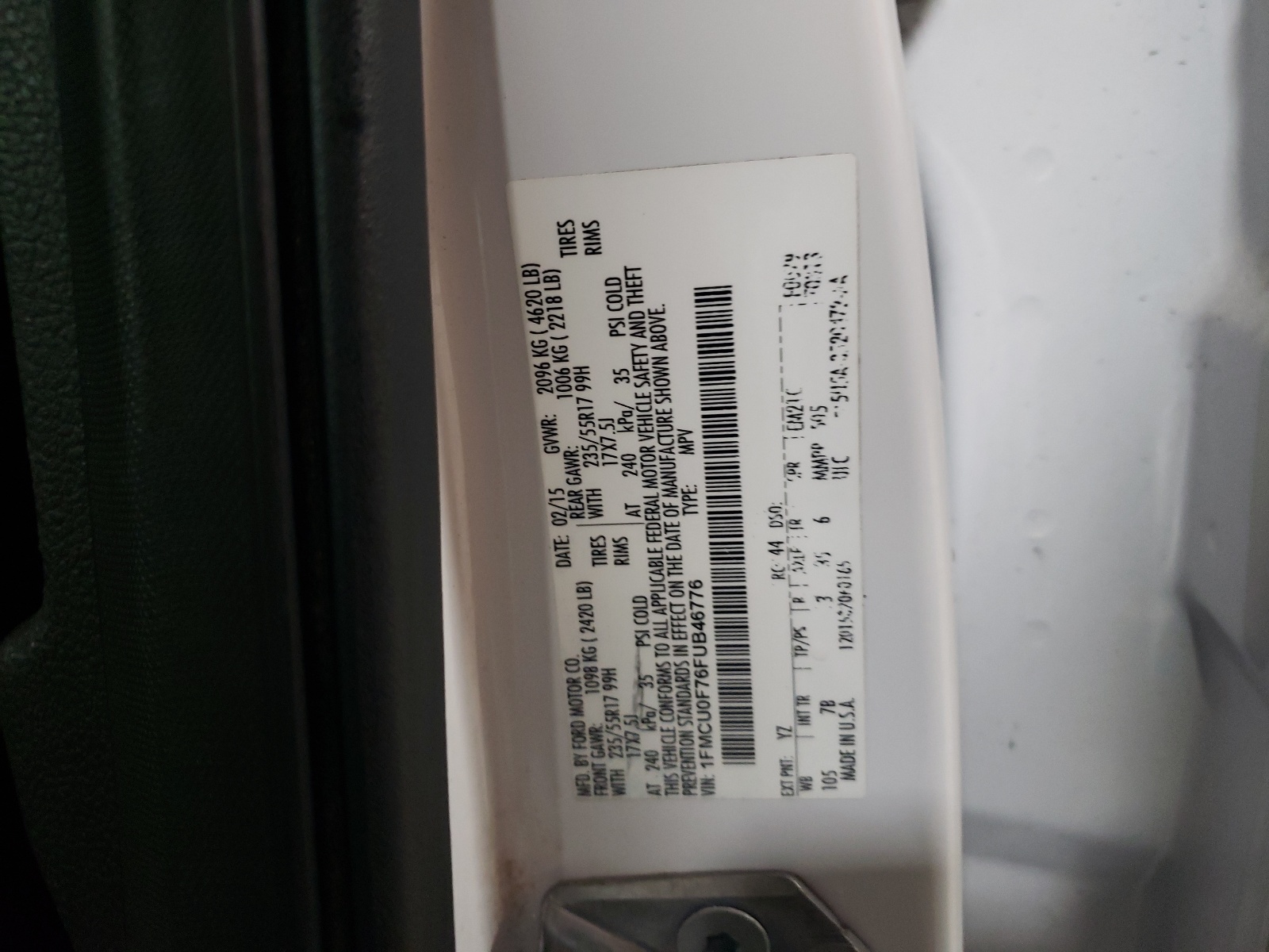 1FMCU0F76FUB46776 2015 Ford Escape S