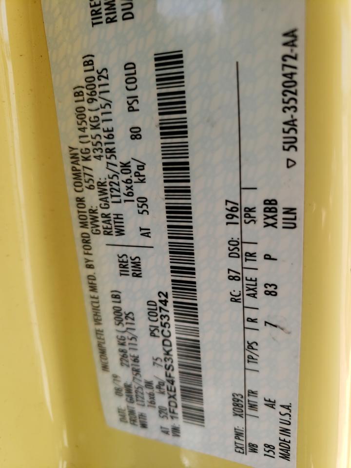 2019 Ford Econoline E450 Super Duty Cutaway Van VIN: 1FDXE4FS3KDC53742 Lot: 63181674