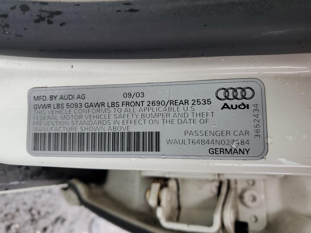 2004 Audi A6 3.0 Quattro VIN: WAULT64B44N027484 Lot: 63960074