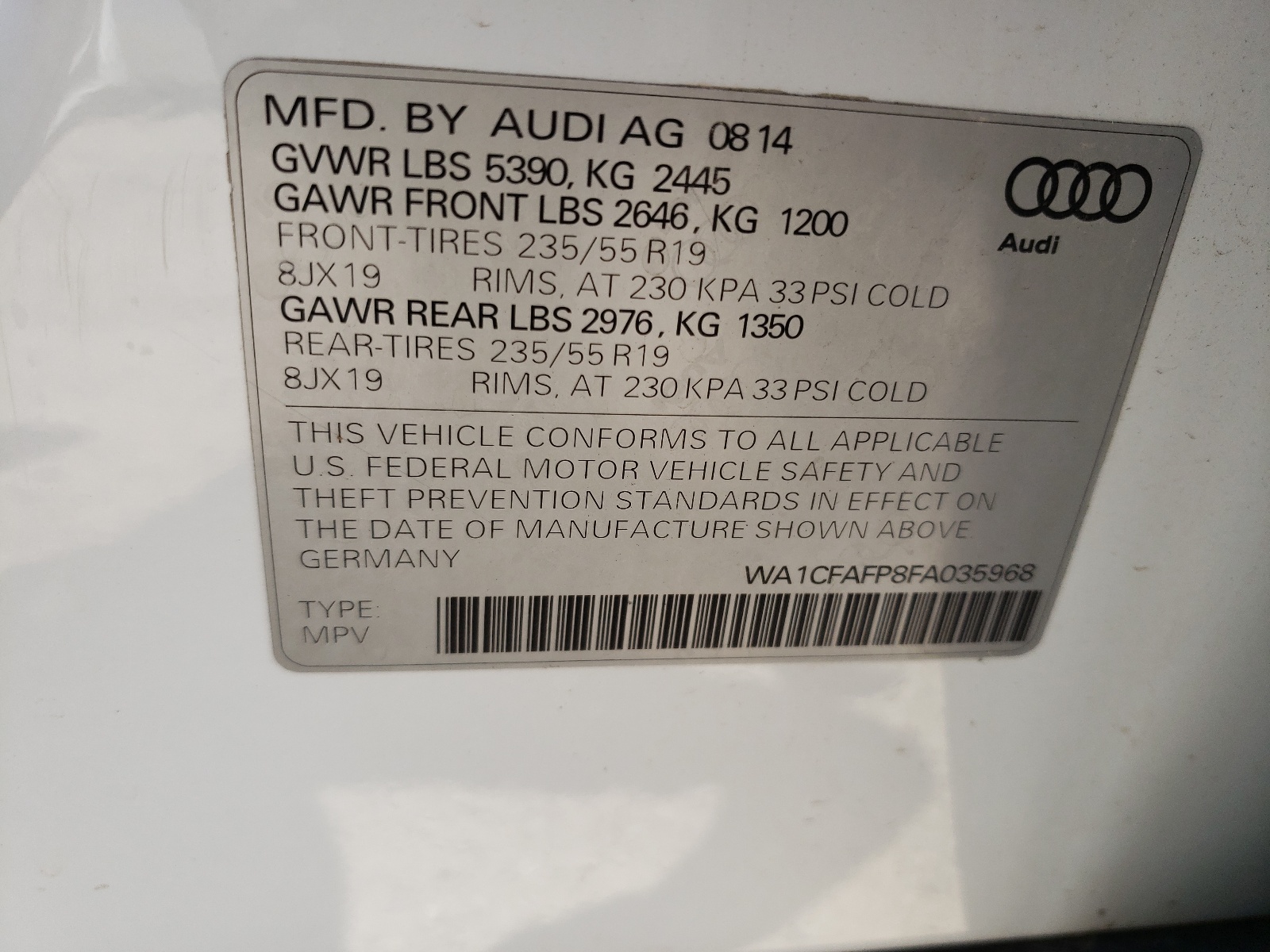 2015 Audi Q5 Premium vin: WA1CFAFP8FA035968