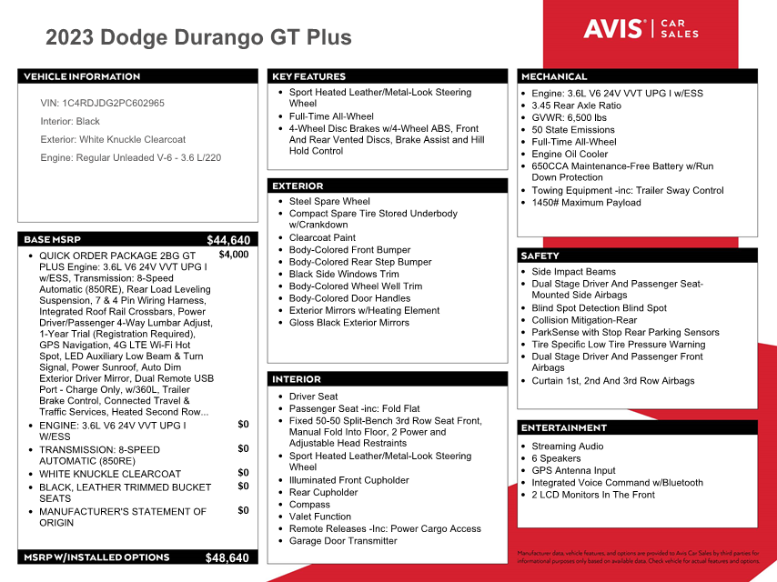 1C4RDJDG2PC602965 2023 Dodge Durango Gt